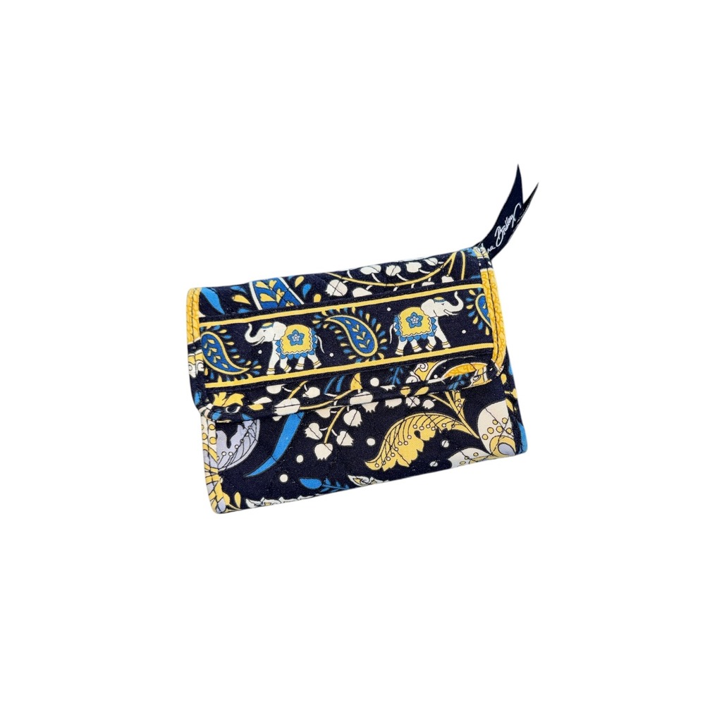 Vera Bradley Ellie Blue Trifold Wallet Navy Blue Yellow Quilted Cotton Floral - Picture 1 of 2